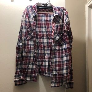 Plaid button down with lace trim